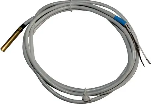 Sensor mit einer Metallspitze und einem flexiblen Kabel, geeignet für Messanwendungen in Frischwasserstationen, möglicherweise von der Marke Wolf.